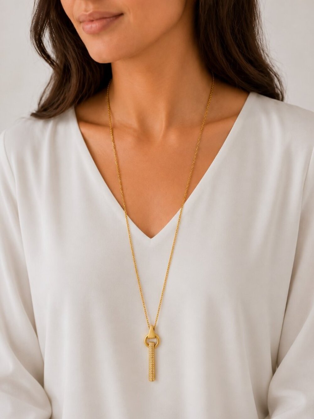 Madewell Pavé Crystal Cylinder Long Pendant Necklace Vintage Gold Tone 30in Boho